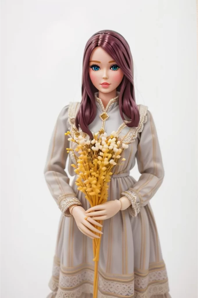 barbie doll in a dress holding flowers