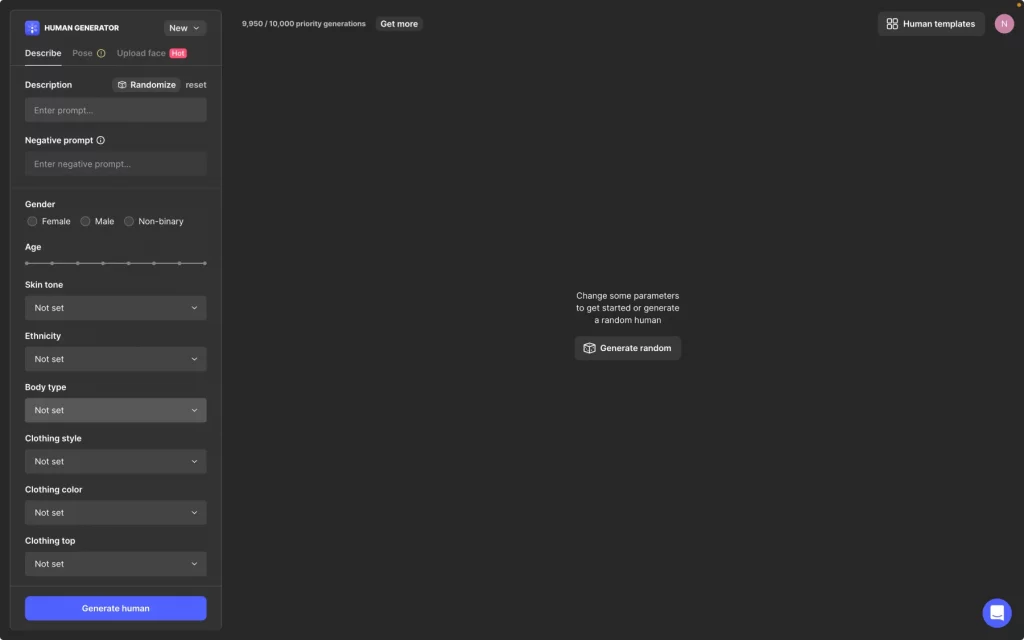Human Generator interface reset Human Generator interface with all setting reset